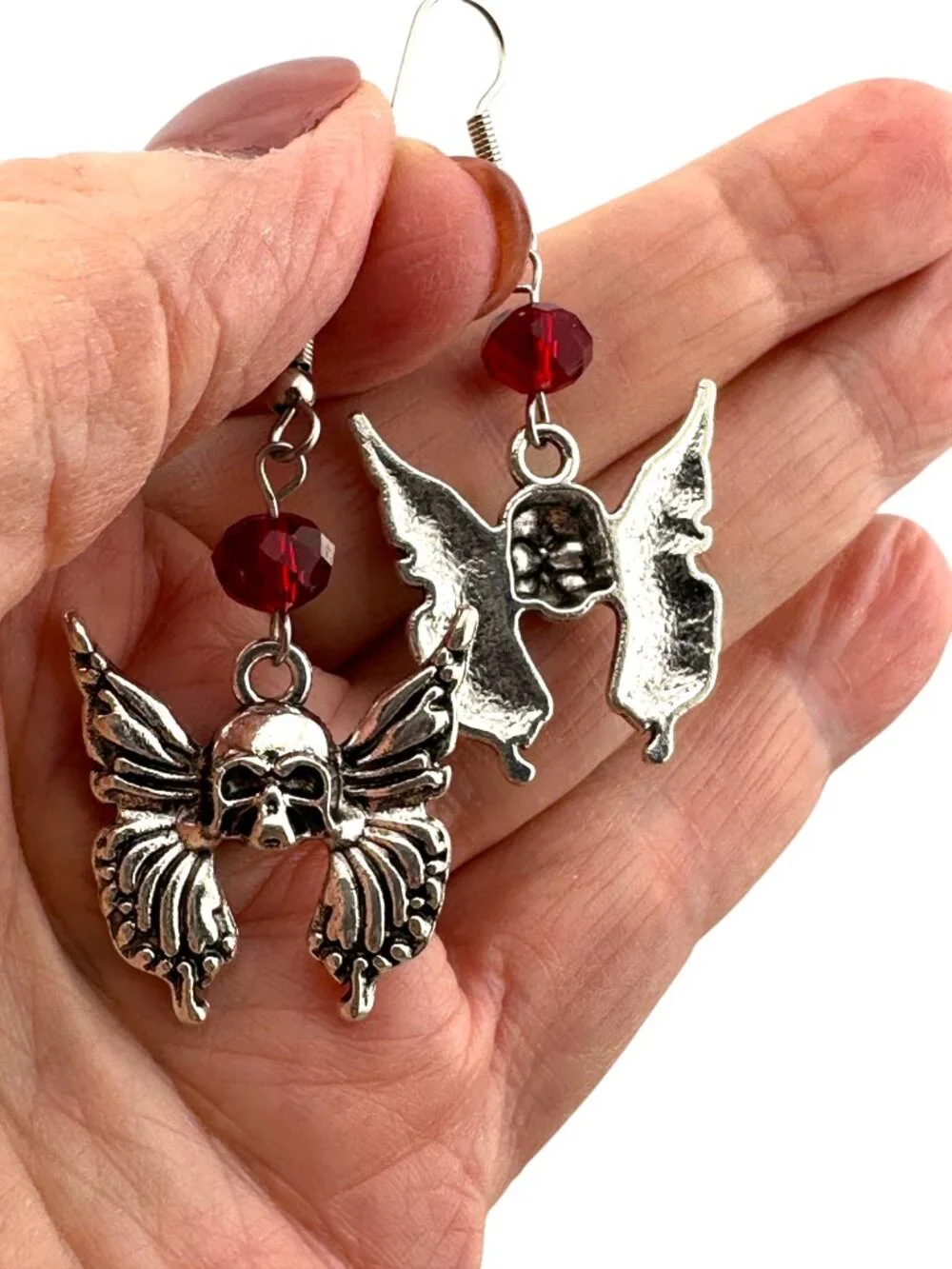 Winged Skull Earrings Red Crystal Gothic Halloween Silver Tone Dangle